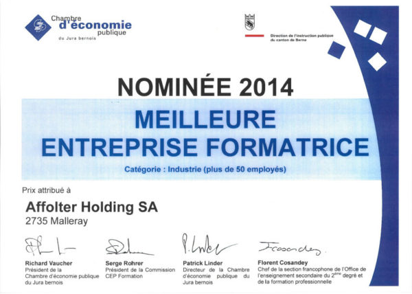 Filière de formation POLYMÉCANICIEN - Meilleure entreprise formatrice 2014