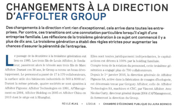 Changements à la Direction d’Affolter Group - Revue de la CEP | no141 - 01.2016