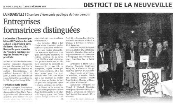 Entreprises formatrices distinguées - Journal du Jura | 02.12.2004