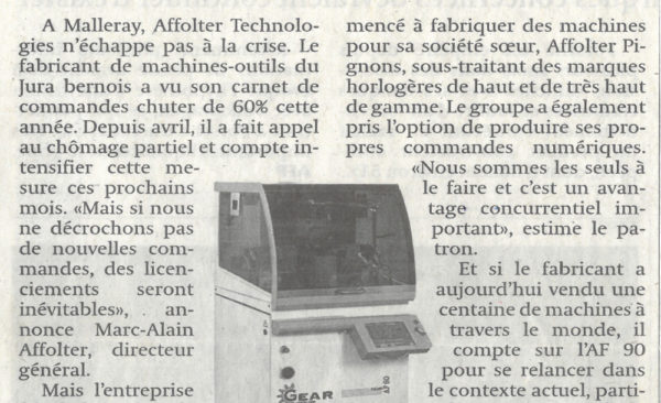 Affolter Technologies sort l'AF90, son arme anticrise - Le Temps | 07.05.2009