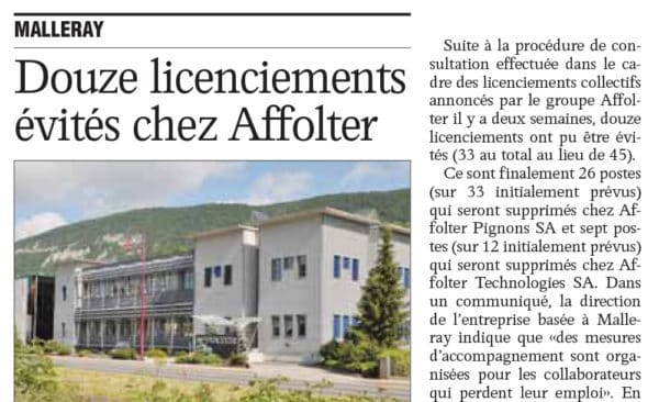 Douze licenciements évités chez Affolter - Journal du Jura | 26.06.2009