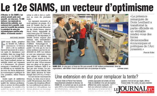 SIAMS, un vecteur d'optimisme - Journal du Jura | 10.05.2010