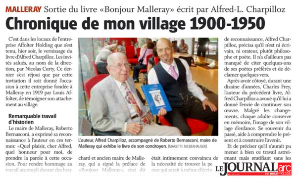 Sortie du livre «Bonjour Malleray» écrit par Alfred-L. Charpilloz - Journal du Jura | 11.05.2011