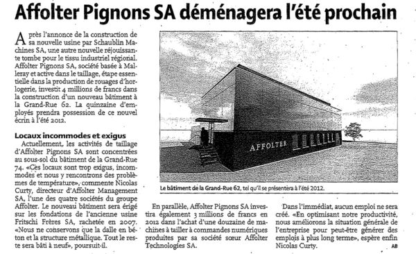 Affolter Pignons déménagera l'été prochain - Quotidien jurasien | 03.12.2011