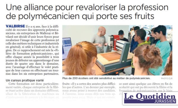 Annonce journal Quotidien jurassien portes ouvertes 15 ans Filière de formation POLYMÉCANICIEN